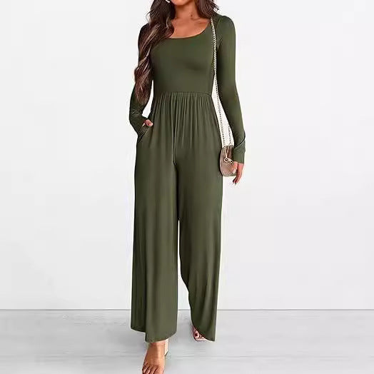 Autumn And Winter Draping Solid Color Sports Long Sleeve Jumpsuit Wide-leg Pants