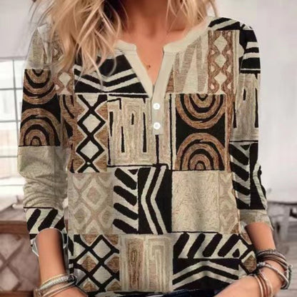 Women's V-neck Shirt Geometric Pattern Casual Long Sleeve Shirt