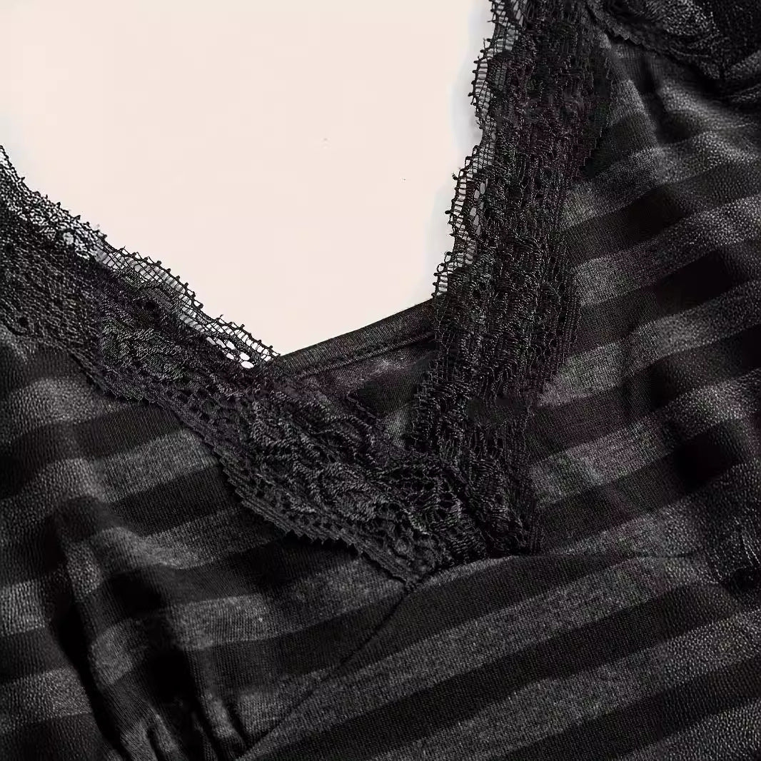 Women's Striped Contrast Lace Lace-collared Blouse