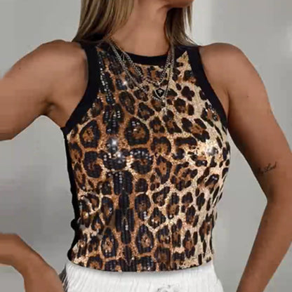 Sexy Cropped Sleeveless Sequin Leopard Print Vest