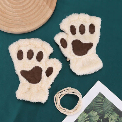 Women Plush Cat Paw Claw Gloves Warm Bear Paw Fingerless Mittens Winter Gloves