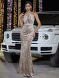 Fashion Velvet Halter Sheath Hollow-out Banquet Evening Dress