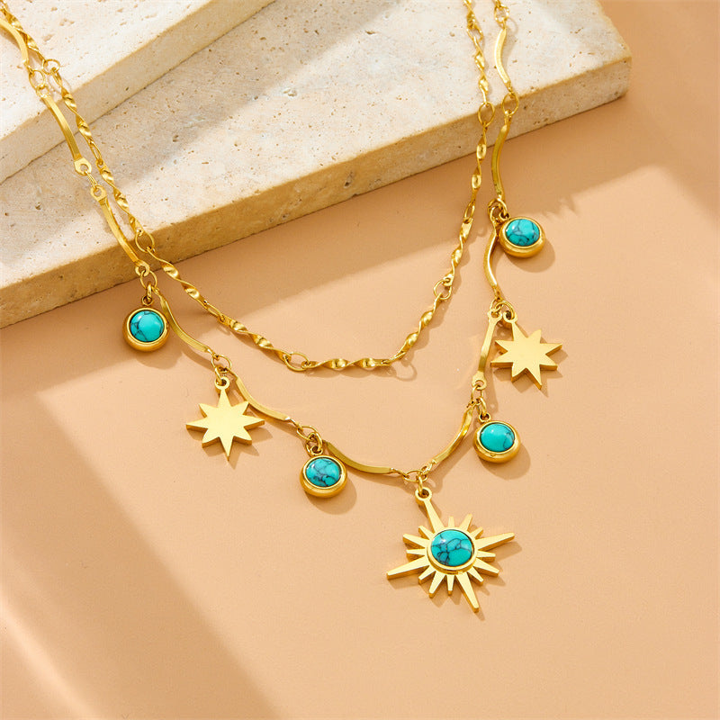 Retro Turquoise Eight-pointed Stars Clavicle Necklace Double Layer