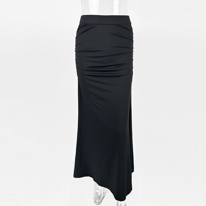 European And American Sexy Slim Hip Pleated Wide Hem Long Dress