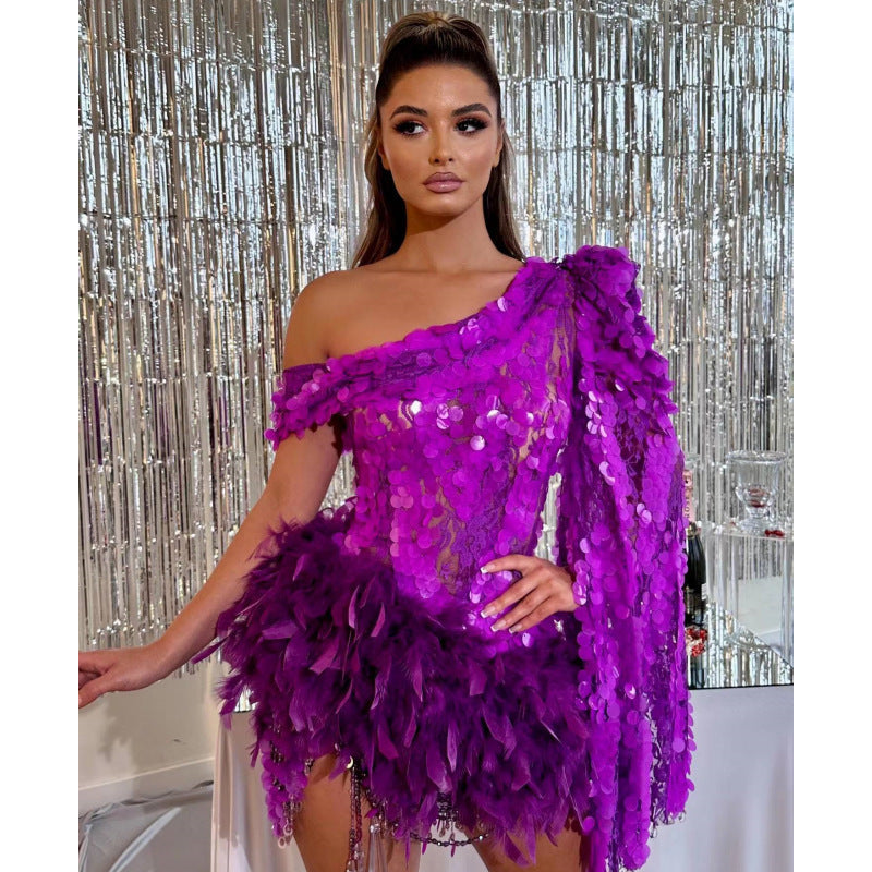 Purple Sequined Feather Skirt One-shoulder Sleeve Short Dress Luxury Party Stage Performance Dress