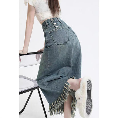 Retro Slit Denim Skirt Women's Tassel Mid-length Hip Skirt