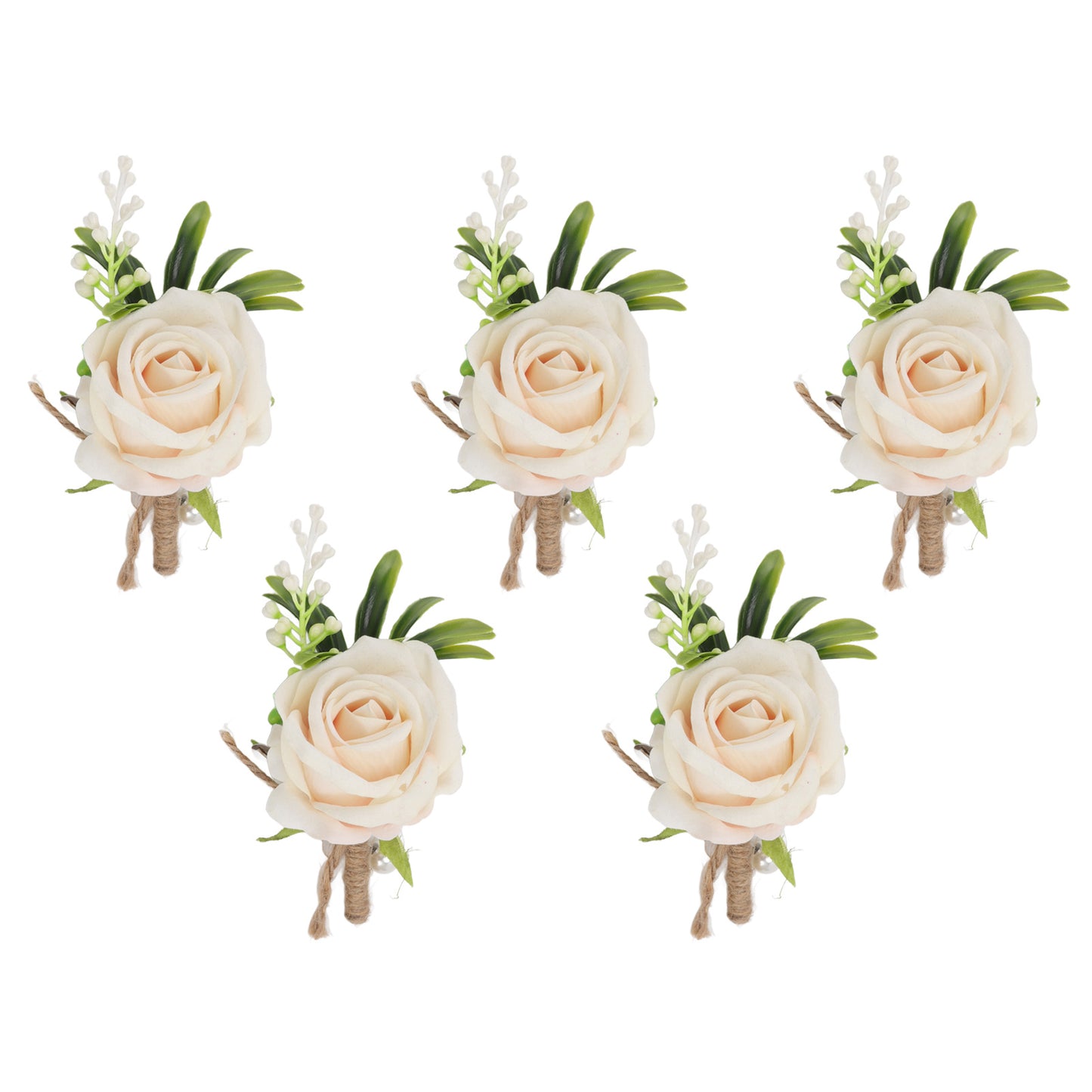 5PCS Wedding Boutonniere Pin Fixed Plastic Artificial Flower Corsage for Bride and Groom Champagne