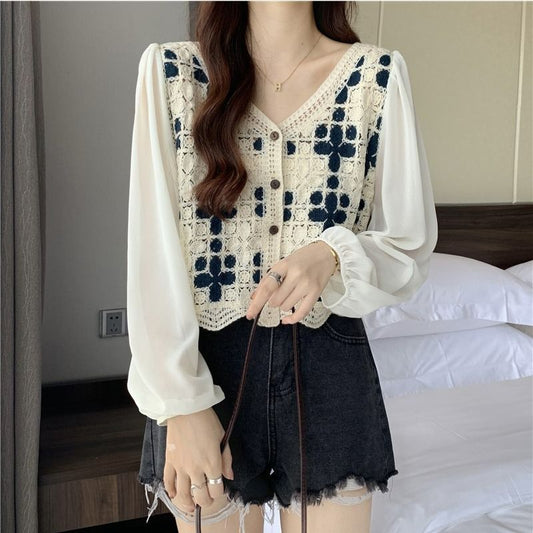 Hollow Lace Shirt Spring Fashion Long Sleeve Stitching