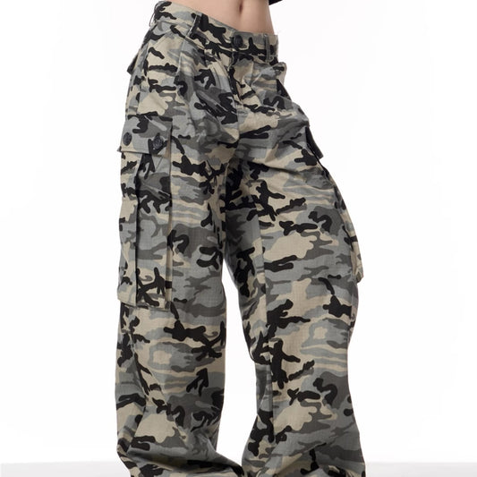 Camouflage Big Pocket Casual Pants Women Loose Wide-leg Overalls