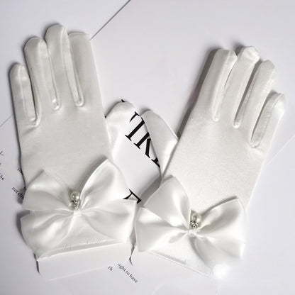 Wedding Gloves Satin Bow Elastic Dangling Beads Princess Style