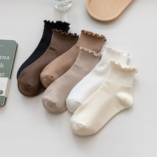 Women's Spring And Autumn Wooden Ear Solid Color Socks