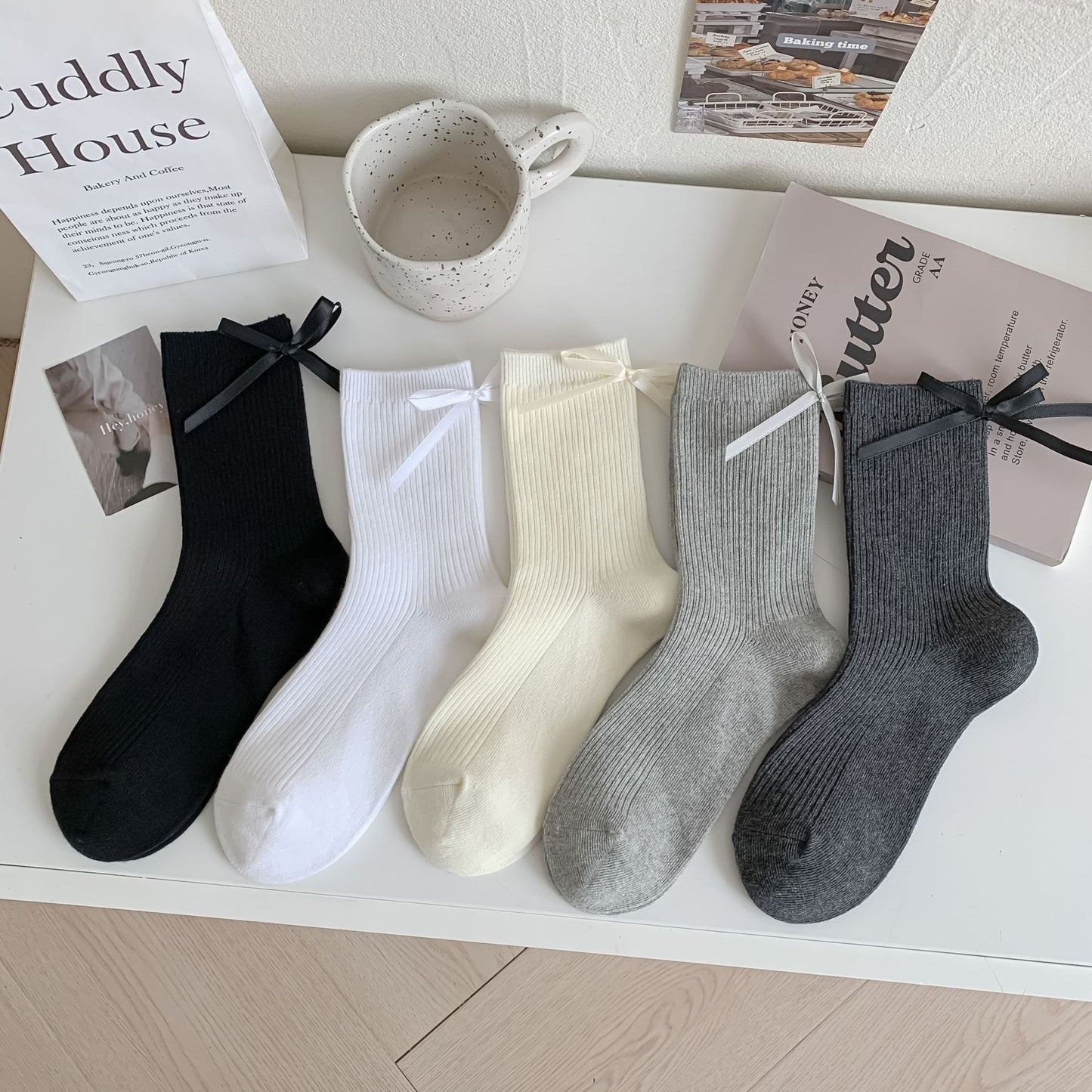 Heel Bow Socks For Women Middle Tube Pure Cotton Spring And Autumn