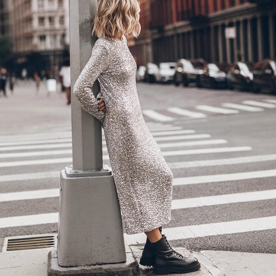 Simple Sequin Street Style Graceful And Fashionable Long Sleeve Dress