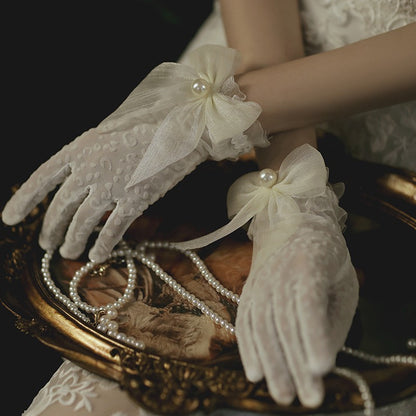 Bridal Gloves Pearl Lace Bow