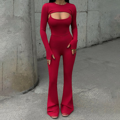 Sexy Round Neck Long Sleeve No Back Tight Sports Jumpsuit Two-piece Set