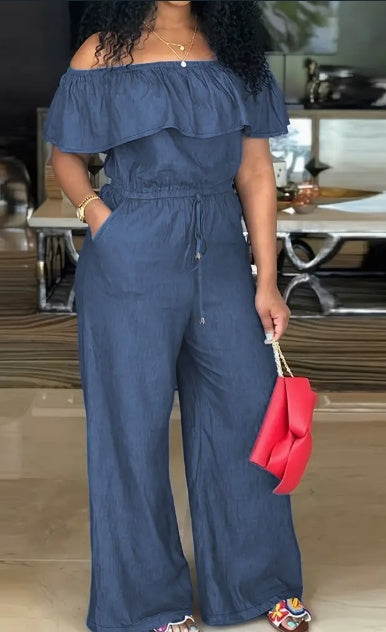 Einfarbiger schulterfreier Jumpsuit mit Taillenschnürung, eleganter Jumpsuit mit Rüschenbesatz und weitem Bein, Damenbekleidung