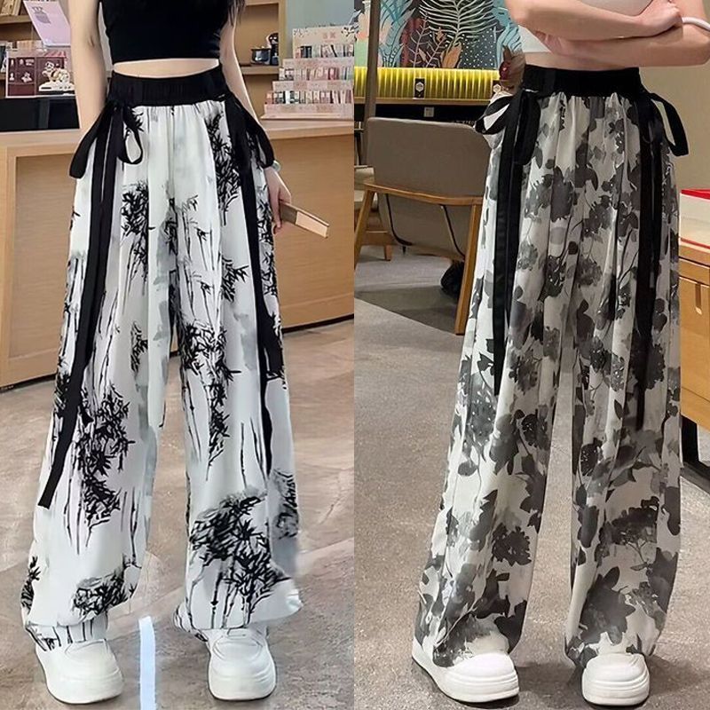 New Guo Feng Ink Painting Ice Silk Wide-leg Pants Summer Women