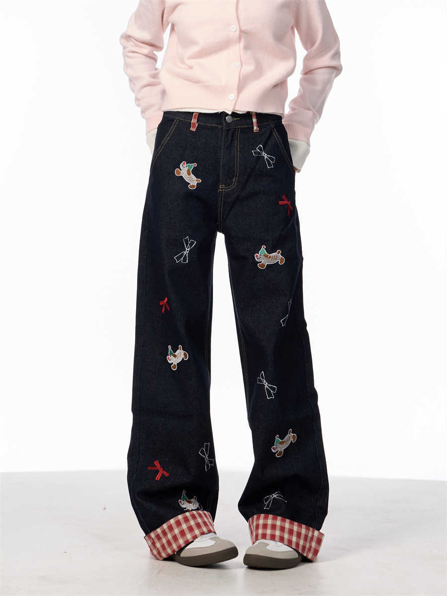 Vintage Bow Puppy Embroidered Wide Leg High Waist Jeans