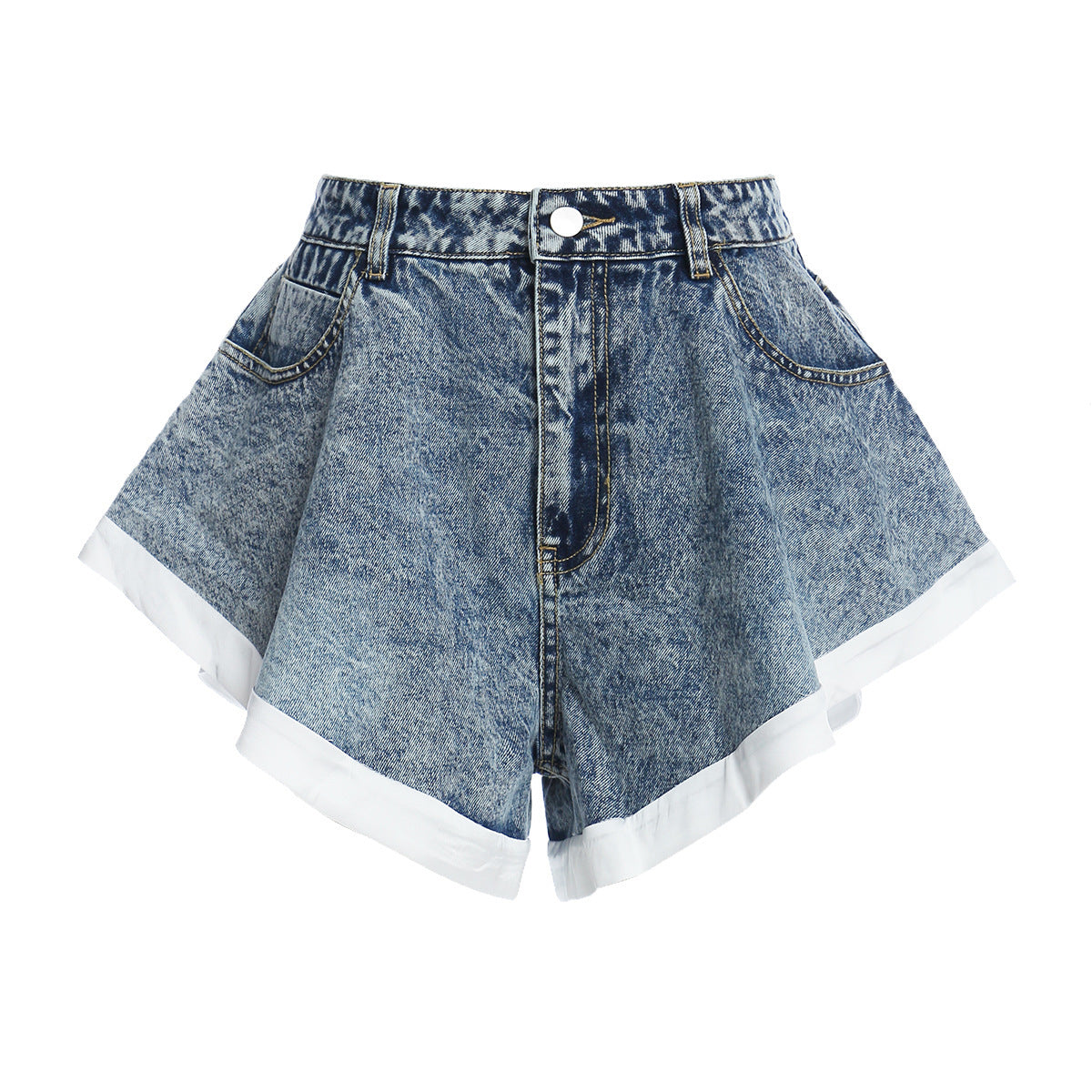 Ruffled Hem Hit White Denim Shorts