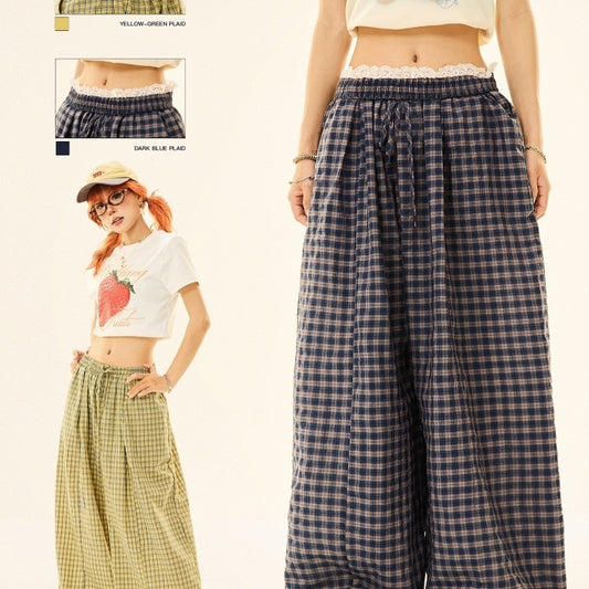 American Retro Blue Lattice Loose Pants