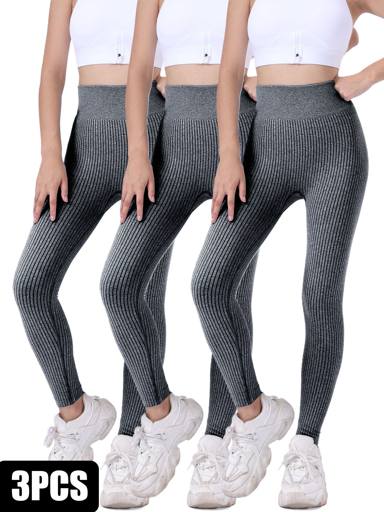 3 Pack Yoga Leggings Ribbed Seamless Workout High Waist  Over Athletic Exercise Leggings