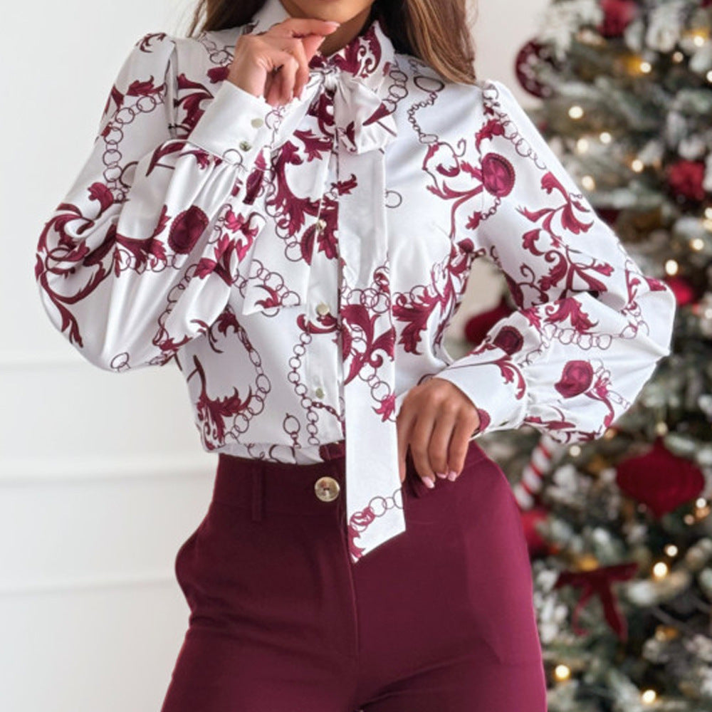 Printed Long Sleeve Bowknot Lining For Women