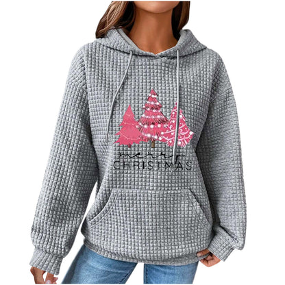 Women's Hooded Long-sleeved Patchwork Waffle Sweater