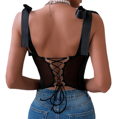 Tether Sequined Suspender Backless Steel Ring Corset Sexy Top