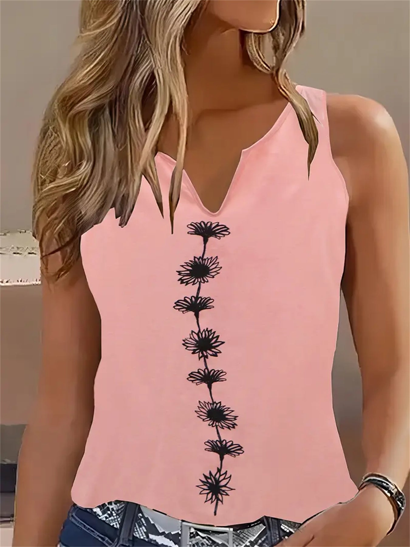 Floral Print Tank Top, Casual Notch Neck Summer Sleeveless Top, Women's Clothing