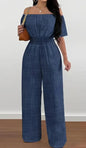 Eleganter schulterfreier Jumpsuit mit kurzen Ärmeln und Cinch-Taille – einfarbig, maschinenwaschbar für Frühling, Sommer und Herbst