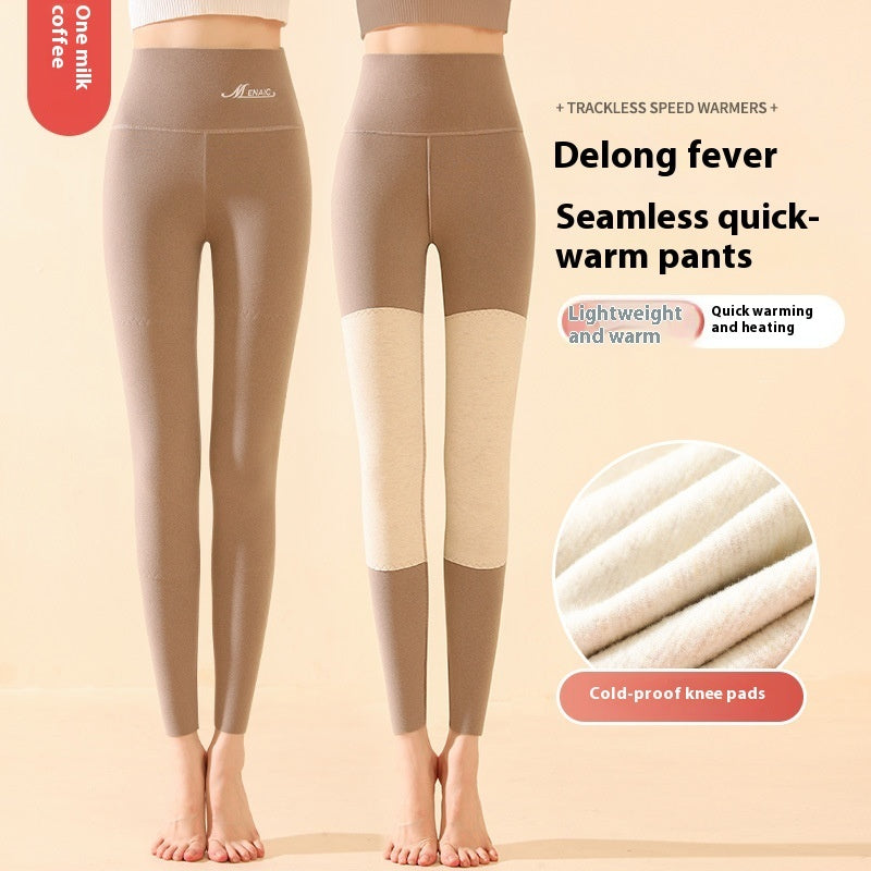 Winter High Waist Knee-pad Leggings Fashion Warm Double-sided Frosted Pants Solid Slim Trousers Women Clothing