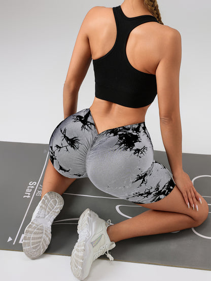 Damen Batik-Yoga-Shorts mit hoher Taille und V-Rücken, Scrunch-Yoga-Shorts, nahtlose Sport-Shorts mit Stretch-Stoff, Fitness-Workout-Hose