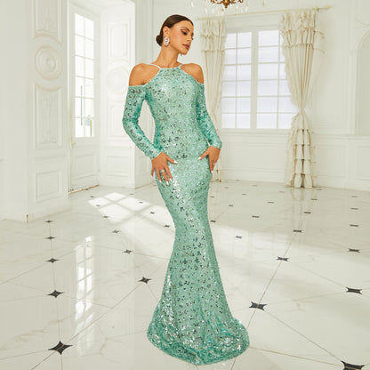 Long Sleeve Off-the-shoulder Banquet Sequined Sheath Fishtail Dress