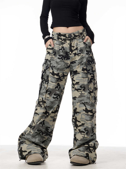 Camouflage Big Pocket Casual Pants Women Loose Wide-leg Overalls