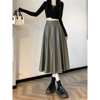 Leather Medium Length Simple A- Line Umbrella Skirt