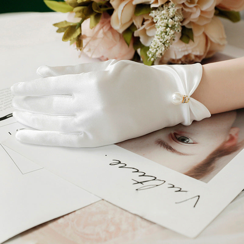 French Hepburn Style Short Pearl Satin Bridal Gloves