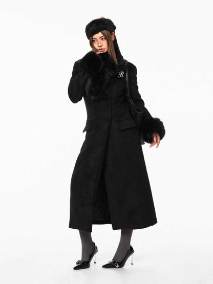 Waist-tight Woolen Fur Collar Quilted Long Overcoat Outerwear