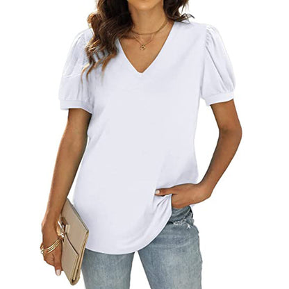 European And American Summer Casual V-neck Solid Color Puff Sleeve Loose T-shirt For Women