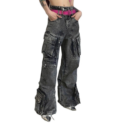 Design Retro Overalls Style Multi-pocket Jeans