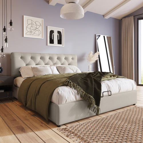 Double Bed With Adjustable Headboard In Linen