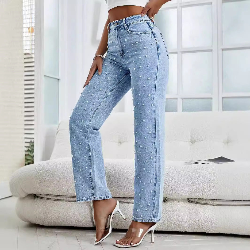 Women's Cropped Beaded Jeans Light Blue