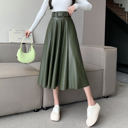 Women's A- Line High Waist Leather Skirt Midi Skirt