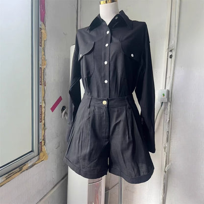 Loose Long Sleeve Shirt Cotton Linen High Waist Wide Leg Shorts Suit