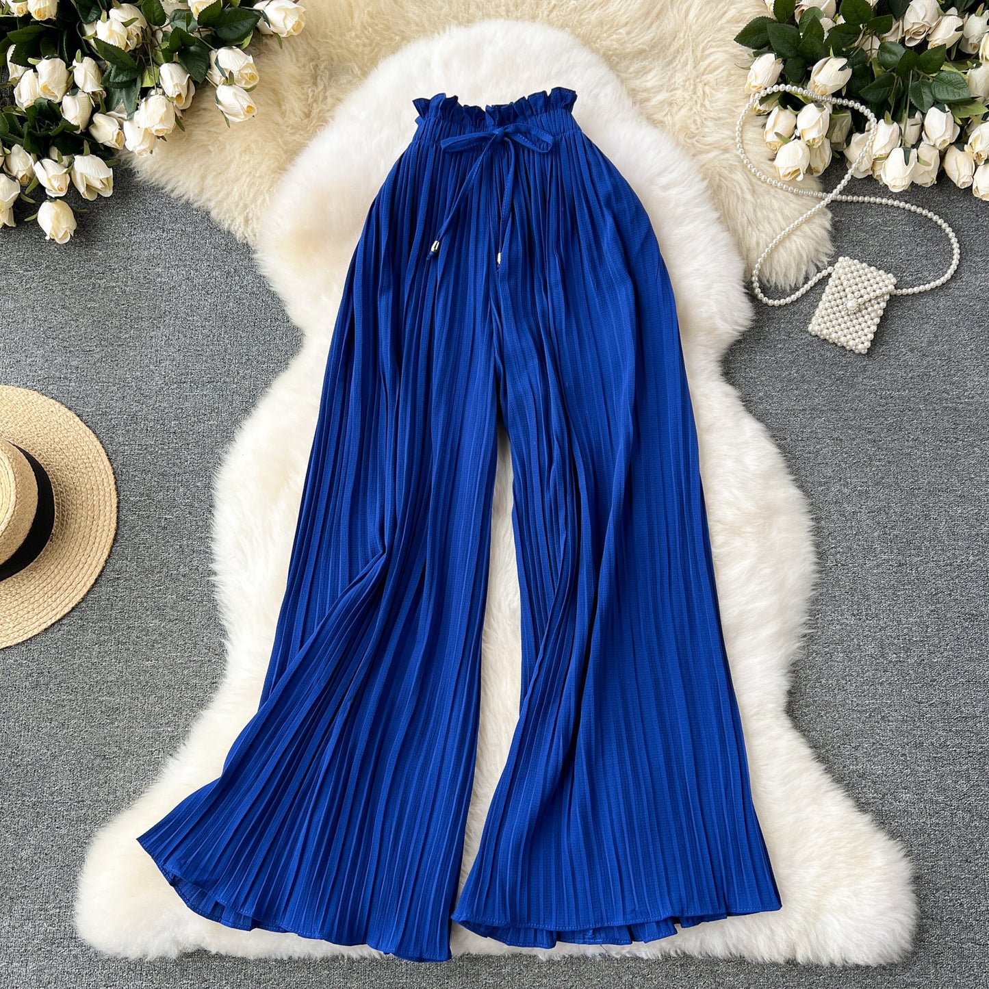 Slimming Slim Fit Draping Effect Wide Leg Pleated Pants