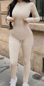 Solid Color Round Neck Long Sleeve Jumpsuit, Ribbed Knit Tight Jumpsuit, Spring Autumn