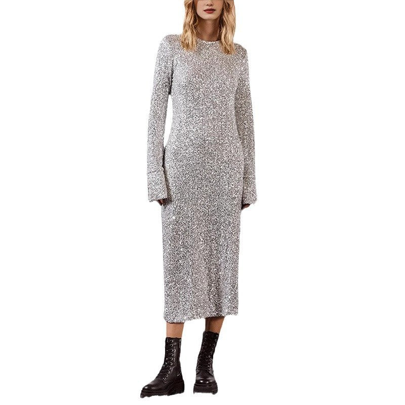 Simple Sequin Street Style Graceful And Fashionable Long Sleeve Dress