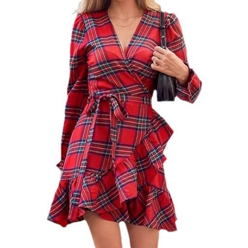 Plaid Printed V-neck Puff Sleeve Ruffled Hem Drawstring Dress