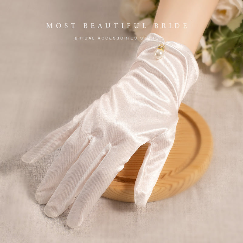 Weiße Satin Kurze Handschuhe Spitze Perlen Accessoires