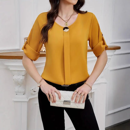 Business All-match Work Clothes Round Neck Roll Sleeve Simple