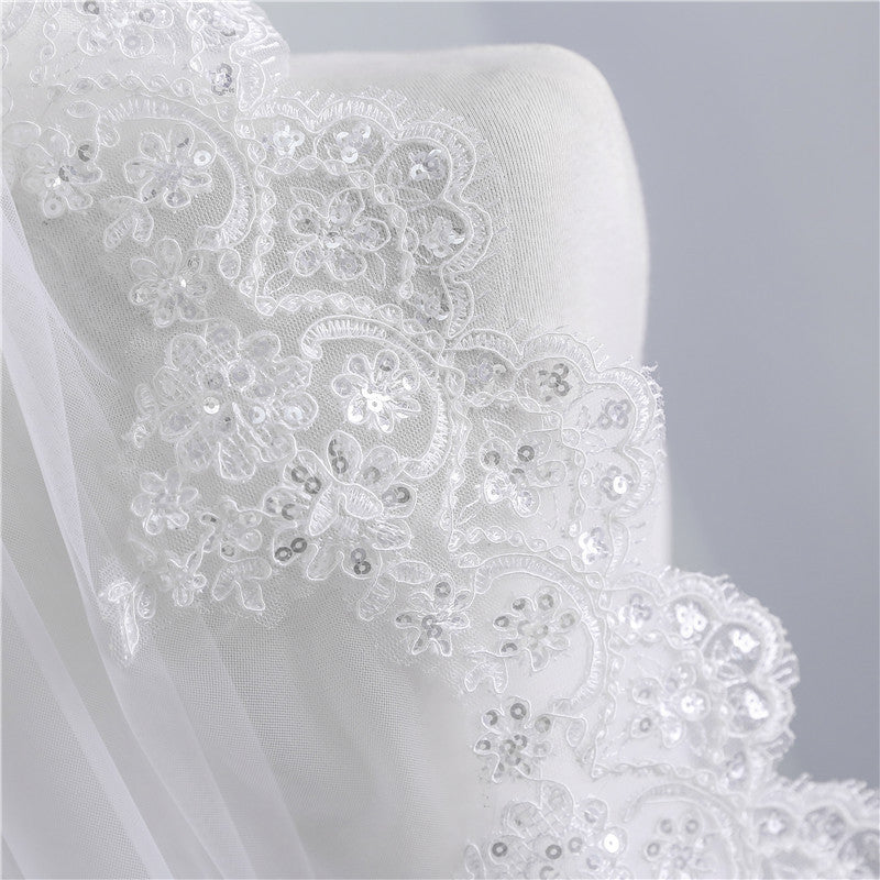 Short Veil Soft Mesh Sequined Lace White Ivory